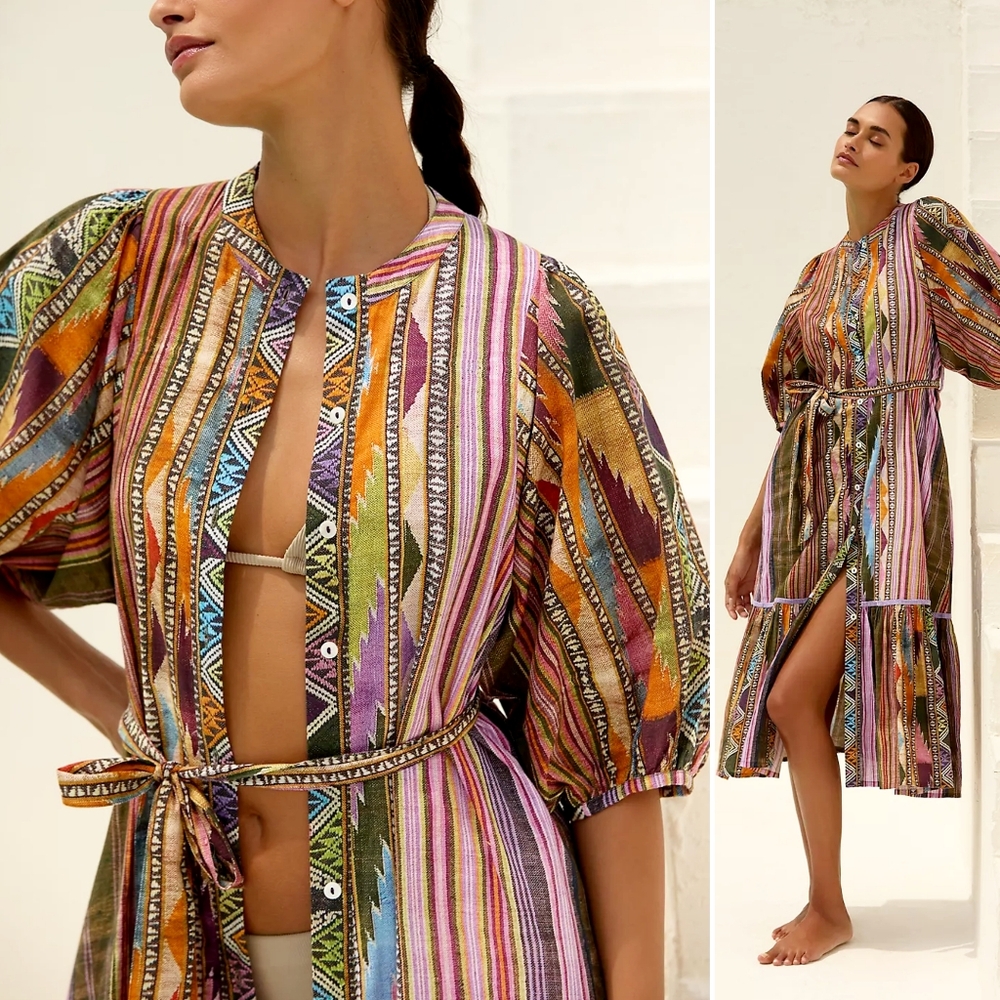 NWT, Anthropologie, Ro's Garden Flirty Belted Mixed Print Midi Dress
